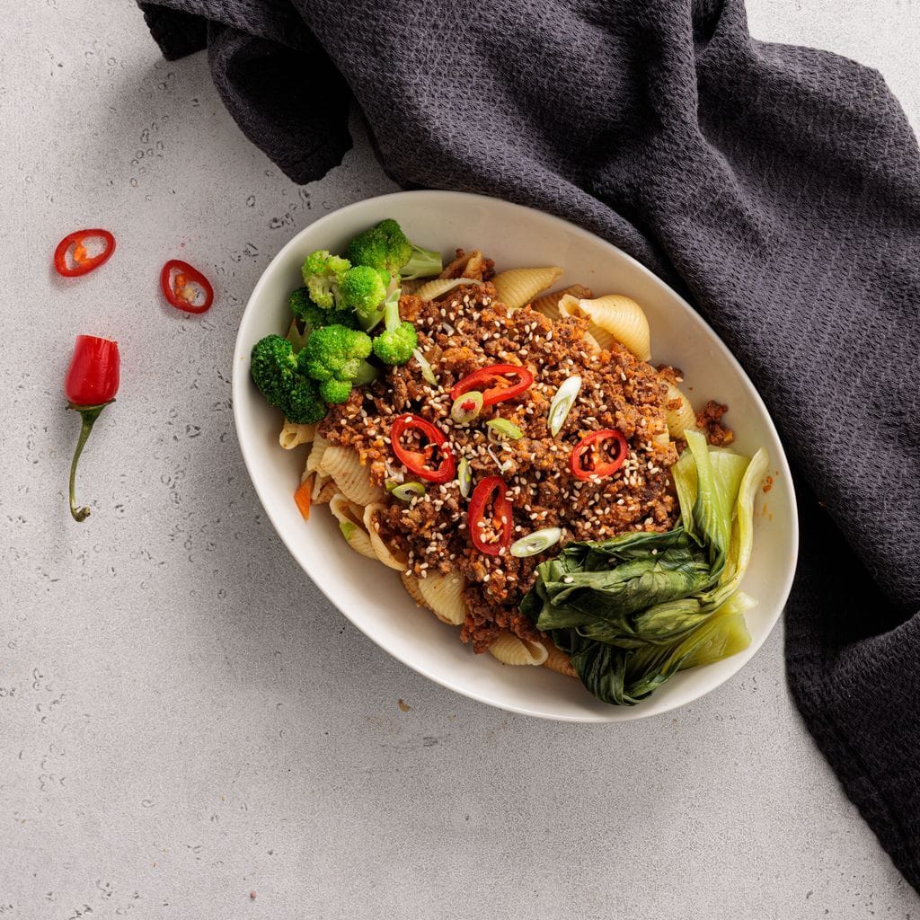 Gochujang Beef Pasta with Greens