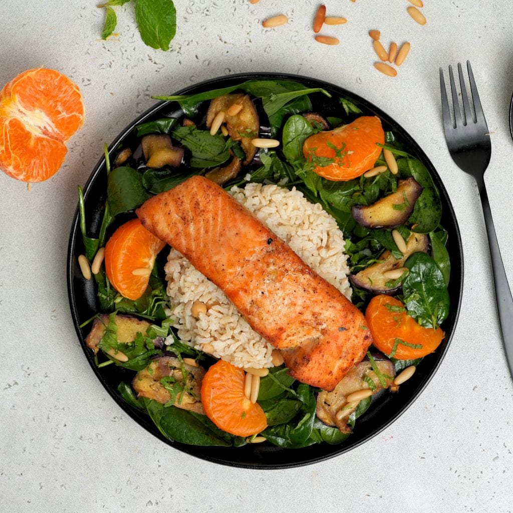 Baked Salmon with Veggies and Tahini Mint Dressing