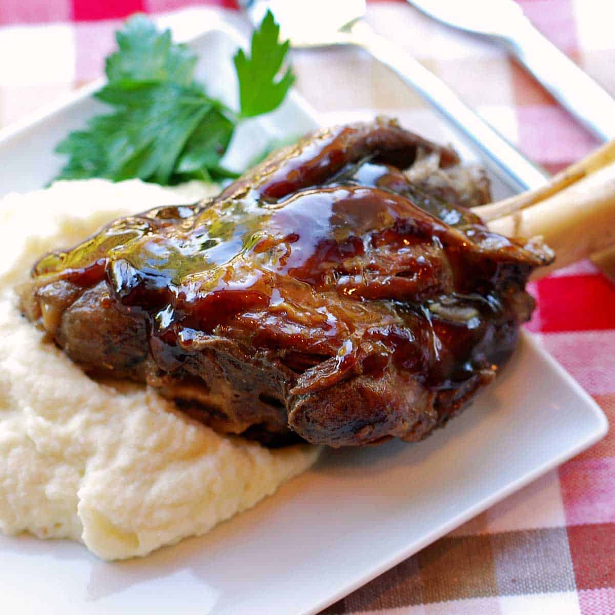 A lamb shank is served on a bed of mashed cauliflower.