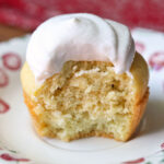 Yogurt frosting was piped onto a cupcake.