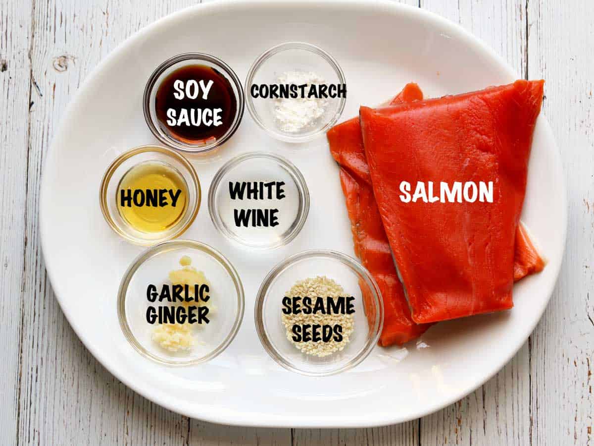 The ingredients needed to make teriyaki salmon.