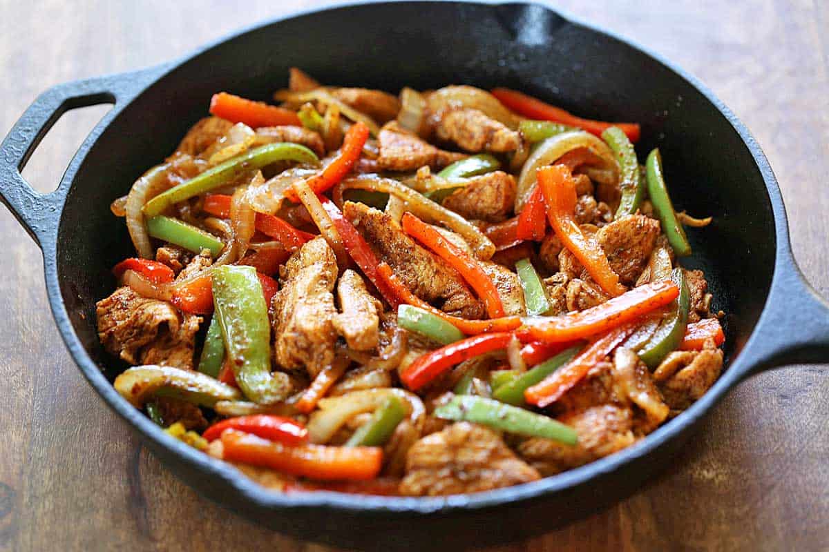 Steak fajitas with fresh peppers.
