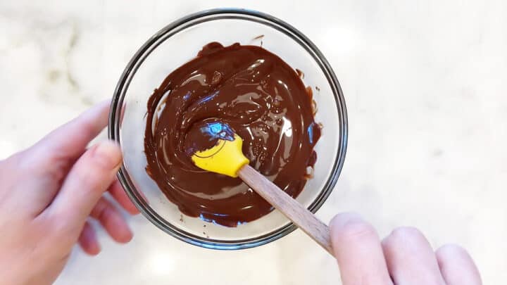 Melted chocolate chips in a bowl.