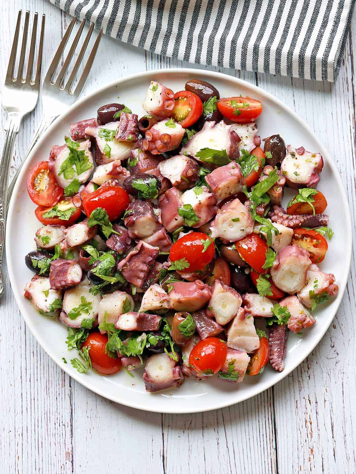 Octopus salad is served on a white plate.