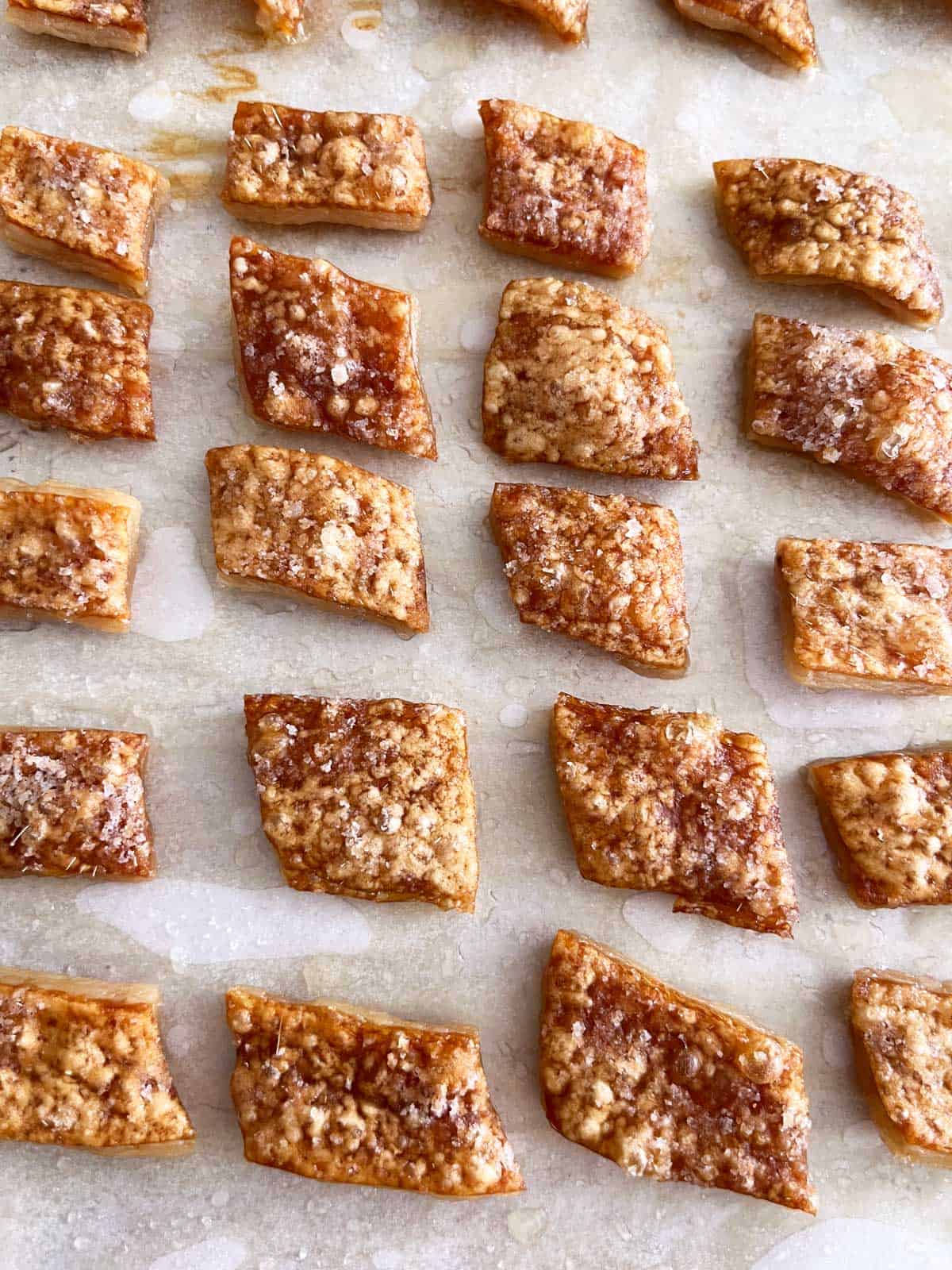 A closeup of the fully cooked chicharrones.
