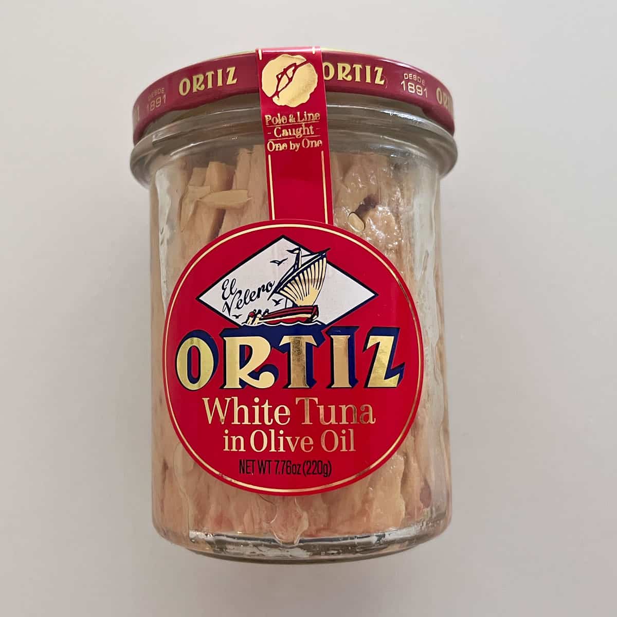 A jar of tuna in olive oil by Ortiz.